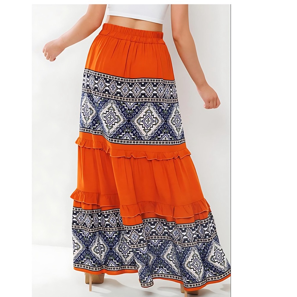 LAST ONE! Border Print Brick and Blue Tiered Lined Maxi Skirt with Ruffles